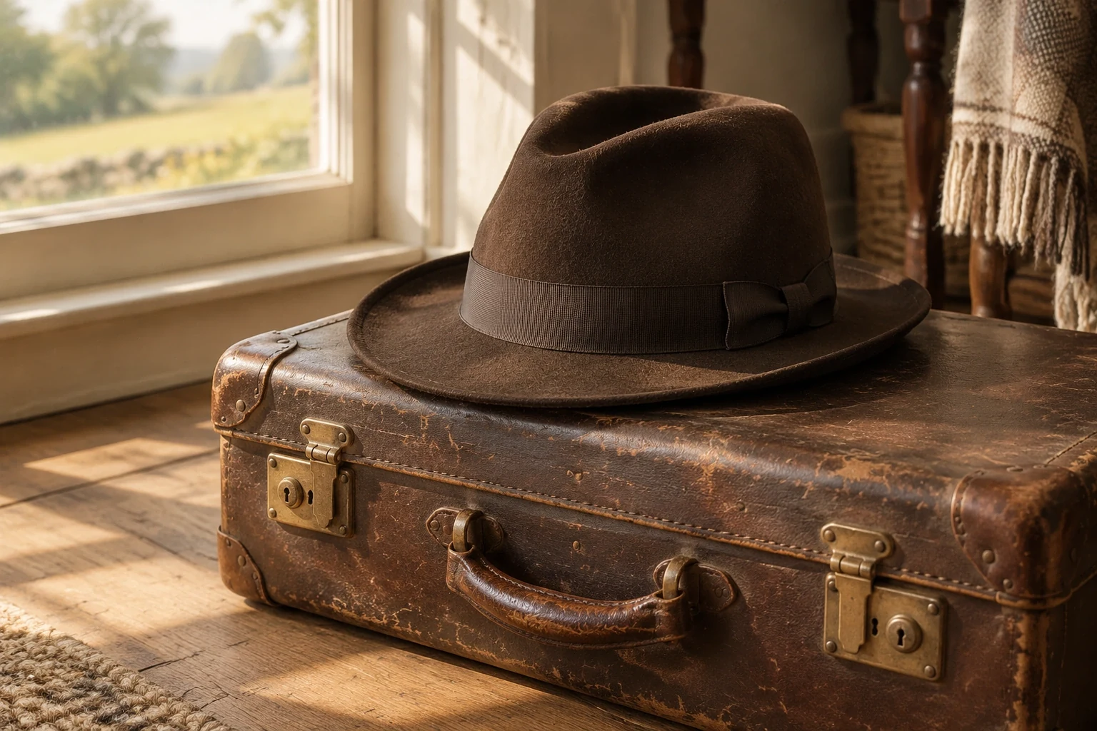 Brown wool felt fedora resting on an old leather suitcase in warm window light