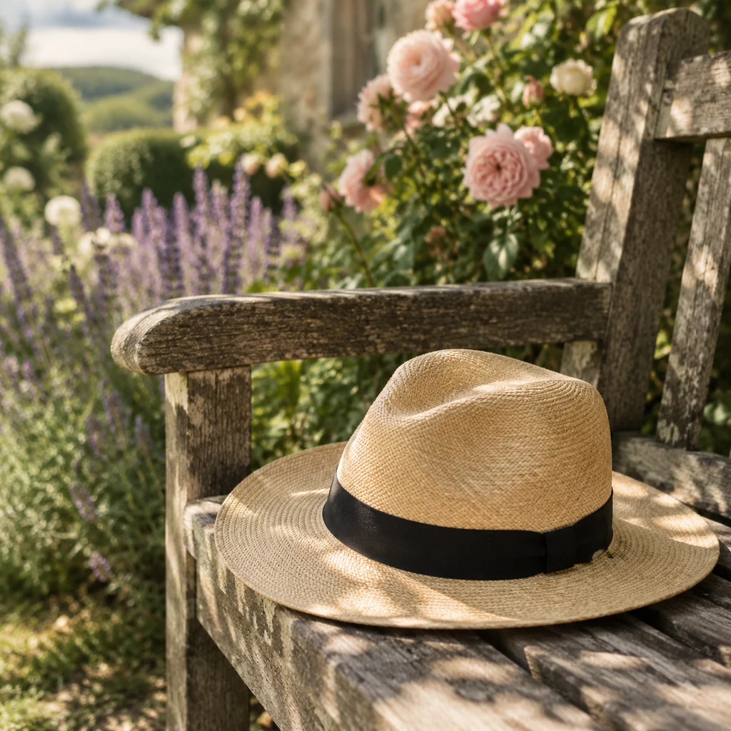 Straw panama hat resting on a garden bench among roses