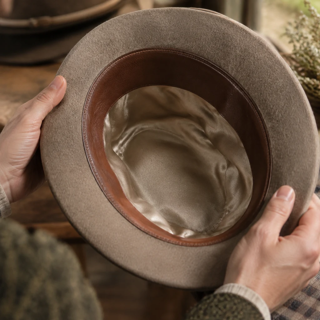 Inside of a felt hat showing the leather sweatband