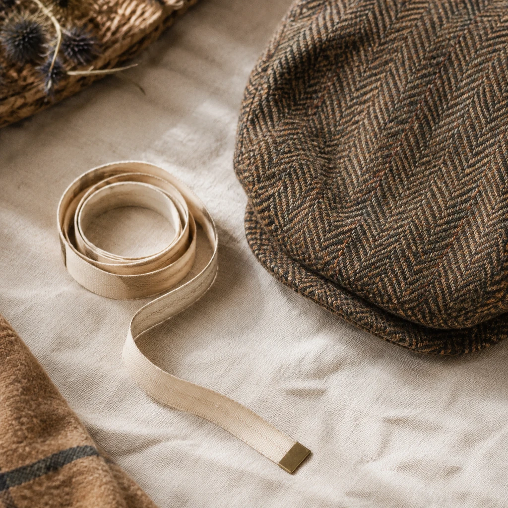 Tailor's tape measure coiled beside a folded tweed cap