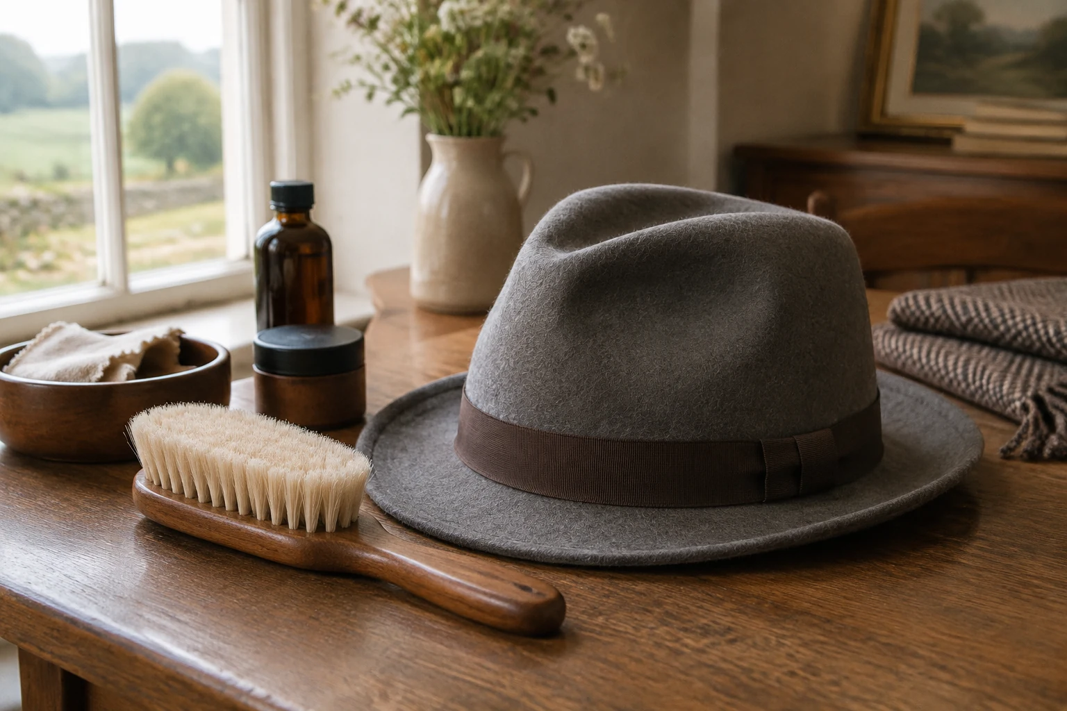Horsehair hat brush beside a grey felt trilby