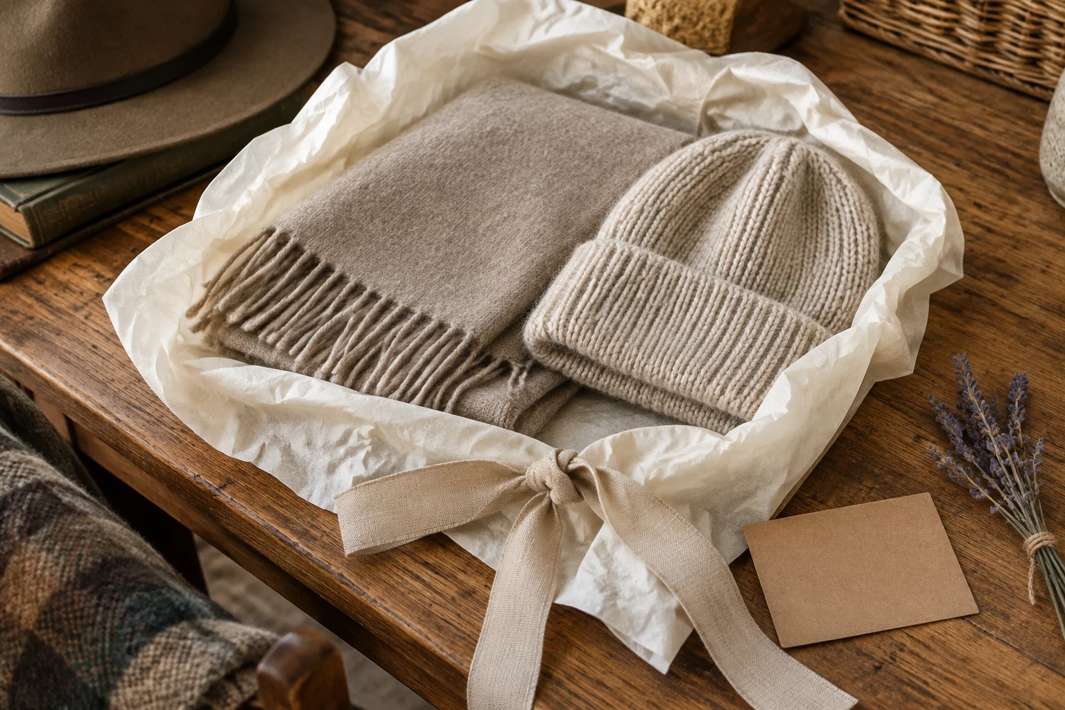 Scarf and beanie wrapped in cream tissue with a linen ribbon