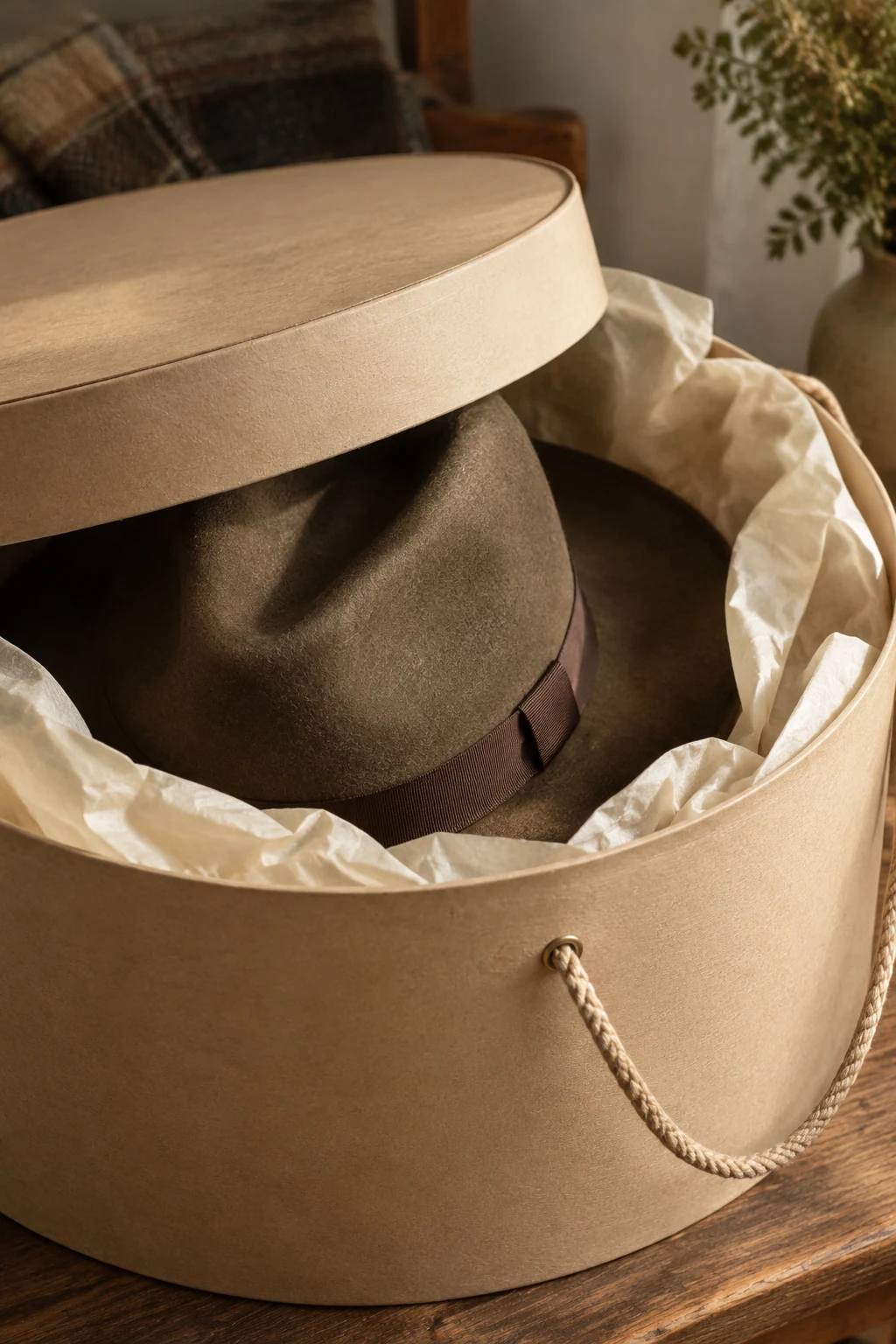 Round hat box with a felt hat nested in tissue