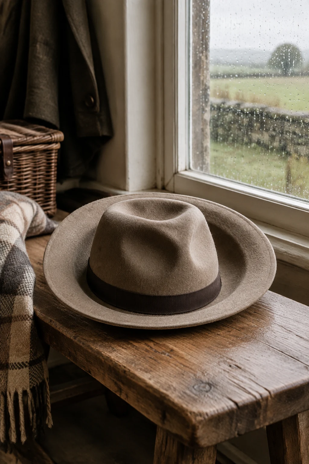Felt fedora drying brim-up by a rainy window
