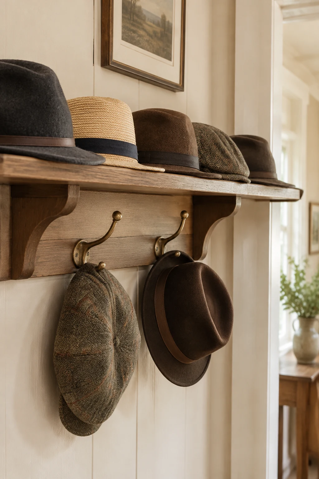Hats resting crown-down on a wooden shelf above brass hooks
