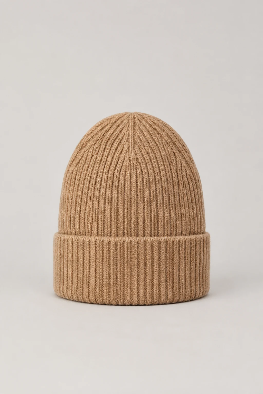 Camel ribbed merino wool beanie with turned-up cuff