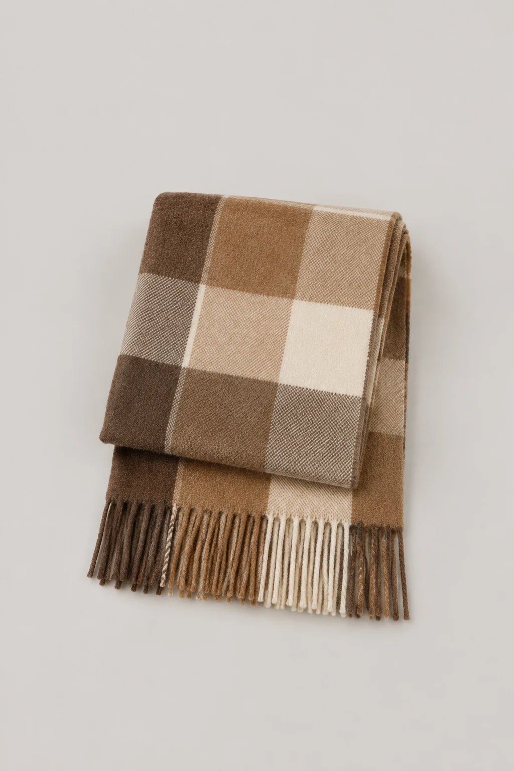 Folded lambswool scarf in brown, camel and cream check