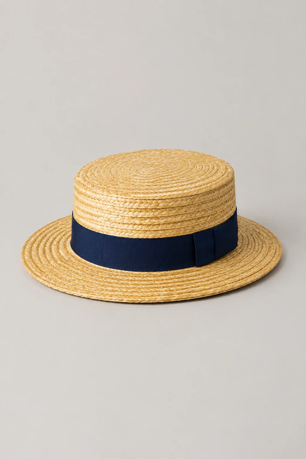 Stiff natural straw boater with navy ribbon